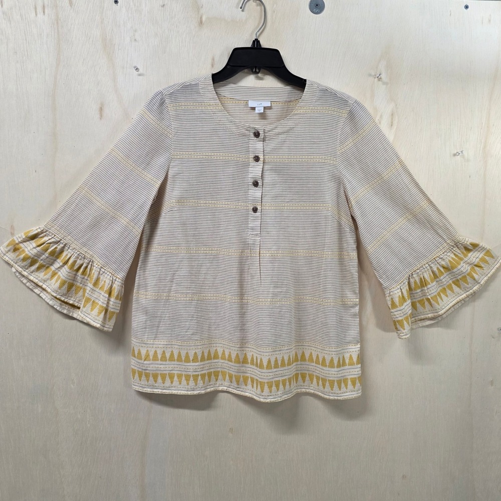 J. Jill Organic Cotton Embroidered Stripe Bell Sleeve Blouse Cream Yellow XS